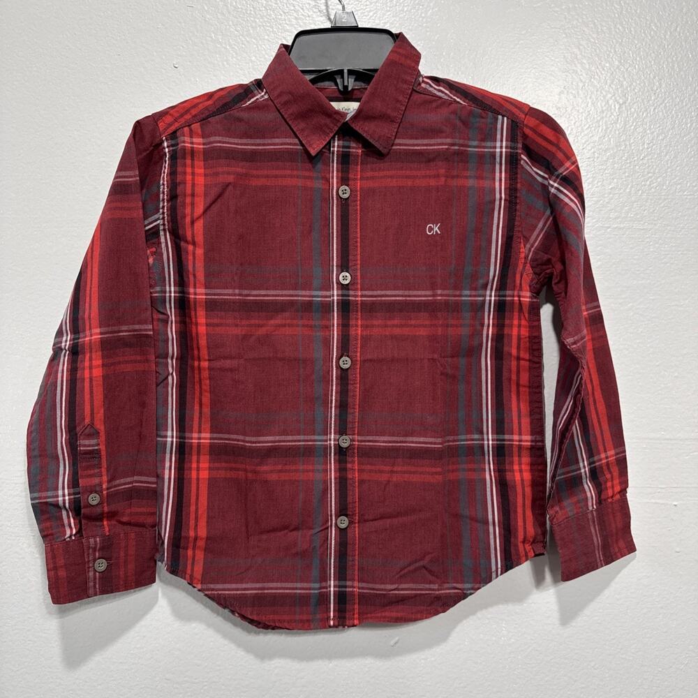 CALVIN KLEIN Jeans Boys Plaid Button up Shirt Long Sleeve Small 8 Red Gray